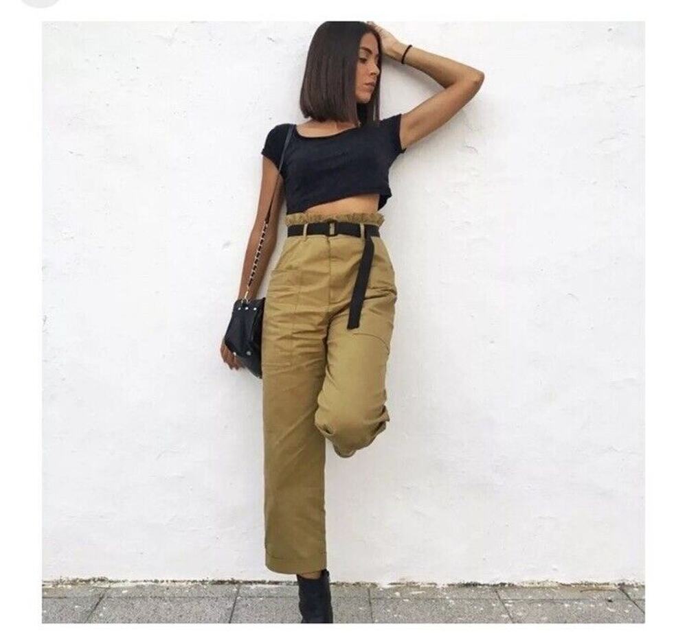 Zara Green High Waisted Paper Bag Belted Pants Women's Sz Medium